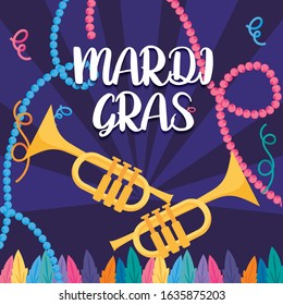 Mardi gras trumpets with necklaces design, Party carnival decoration celebration festival holiday fun new orleans and traditional theme Vector illustration