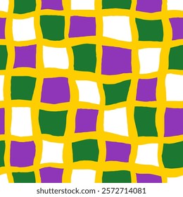 Mardi Gras Twisted Checkered Seamless Pattern. Modern surreal background with hand drawn distorted checkerboard texture. Festive repeat vector illustration