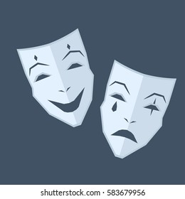 Mardi Gras. Two blue masks with emotions of happiness and sadness on navy-blue background. Theatrical symbol illustration. Play-actors accessory for performances isolated vector illustration.