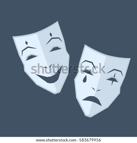 Mardi Gras. Two blue masks with emotions of happiness and sadness on navy-blue background. Theatrical symbol illustration. Play-actors accessory for performances isolated vector illustration.