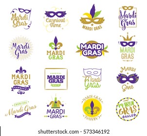 Tipografía del Mardi Gras. emblemas vectoriales, logotipo con texto. Se puede usar para tarjetas de felicitación, banners, paquetes de regalo. Miércoles goroso, carnaval. Elementos aislados.