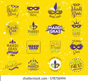 Mardi Gras typography set. Vector emblems, logo with text. Usable for greeting cards, banners, gift packaging. Fat tuesday, carnival. Isolated elements.