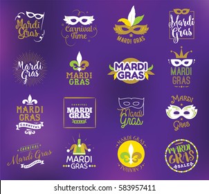 Mardi Gras typography set. Vector emblems, logo with text. Usable for greeting cards, banners, gift packaging. Fat tuesday, carnival. Isolated elements.