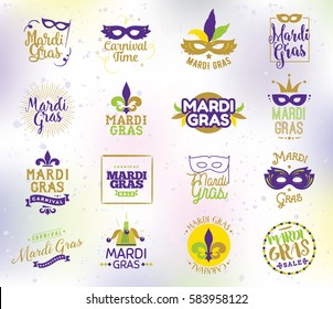 Conjunto de tipografía del Mardi Gras. Emblemas vectoriales, logotipo con texto. Se puede usar para tarjetas de felicitación, banners, paquetes de regalo. Miércoles goroso, carnaval. Elementos aislados.