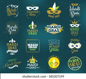 Mardi Gras typography set. Vector emblems, logo with text. Usable for greeting cards, banners, gift packaging. Fat tuesday, carnival. Isolated elements.