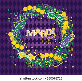 Mardi Gras vector background. Masks and beads garland on purple background.