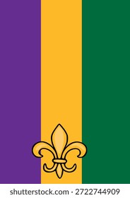 Fondo de Vector de Mardi Gras con un prominente emblema de flor de lis dorada centrado en una franja de Vertical de naranja vibrante, flanqueado por paneles de color púrpura profundo y verde esmeralda, que evoca un...