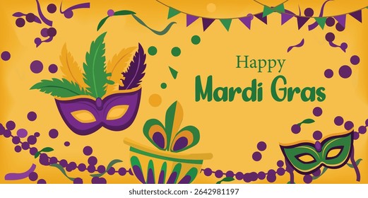 Mardi Gras Vector Banners | Carnival Masks, Beads and Confetti Illustrations