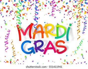 Signo de estilo plástico coloreado vector Mardi Gras sobre fondo confetti y serpentín