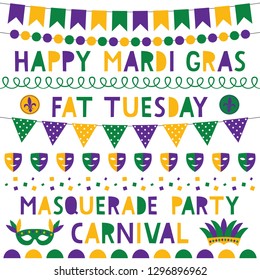 Mardi Gras vector decoration and lettering set