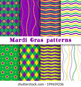 Mardi gras vector different seamless pattern: argyle, chevron, beading, stars, wavy background; white, yellow, green, purple, violet colors.  Pattern swatches included in the Swatches panel.