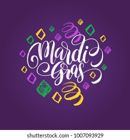 Mardi Gras vector hand lettering. Festive pattern background of Shrove Tuesday. Used for Fat Tuesday poster, invitation, greeting card.