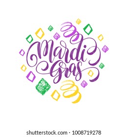 Mardi Gras vector hand lettering. Festive background of Shrove Tuesday. Used for Fat Tuesday poster, invitation, greeting card.