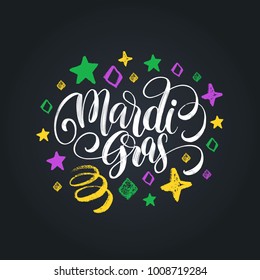 Mardi Gras vector hand lettering. Festive background of Shrove Tuesday. Used for Fat Tuesday poster, invitation, greeting card.