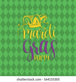 Mardi Gras vector hand lettering greeting card. Fat or Shrove Tuesday poster, invitation flyer etc. with Jester Hat illustration. Carnival festive background.