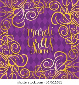 Mardi Gras vector hand lettering greeting card. Fat or Shrove Tuesday poster, invitation flyer etc. with ornate pattern. Festive carnival background.