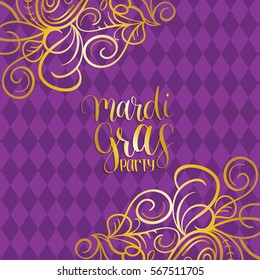 Mardi Gras vector hand lettering greeting card. Fat or Shrove Tuesday poster, invitation flyer etc. with ornate pattern. Festive carnival background.