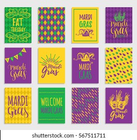 Mardi Gras vector hand lettering greeting cards set. Fat or Shrove Tuesday collection of posters, invitation flyers etc. with jester hats, masks illustrations. Festive carnival background.