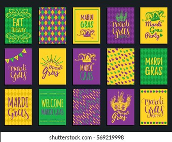 Mardi Gras vector hand lettering greeting cards set. Fat or Shrove Tuesday collection of posters, invitation flyers etc. with jester hats, masks etc. illustrations. Festive carnival background.