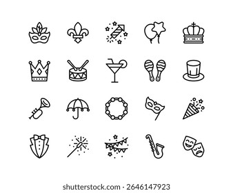 Mardi Gras Vector Icon Set | Adjustable Line Weight | Mask, crown, beads, trumpet, costume, drum, umbrella, confetti, cocktail, maracas, party, parade, celebration icons