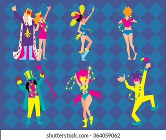 Mardi Gras Vector Illustration. Dancers, costumes, clowns, actors on Mardi Gras Festival.