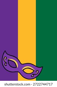 Mardi Gras vector illustration featuring a purple masquerade mask with gold accents against a background of vertical purple, gold, and green stripes.