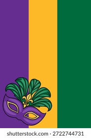 Ilustración vectorial de Mardi Gras con una máscara de máscara púrpura con plumas verdes y un emblema de flor de lis dorada sobre un fondo vibrante de rayas de Vertical púrpura, dorada y verde.