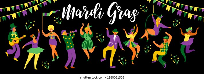 Mardi Gras. Vector illustration of funny dancing men and women in bright costumes. Design element for carnival concept and other users