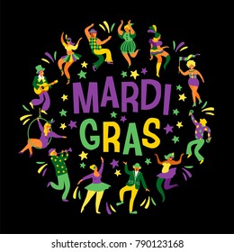 Mardi Gras. Vector illustration of funny dancing men and women in bright costumes. Design element for carnival concept and other users