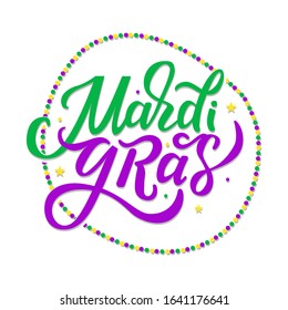 Mardi Gras vector lettering for carnival, filigree calligraphic font with traditional symbol of mardi gras - fleur de lis. Mardi Gras cheerful text with beads flat design. EPS 10 vector