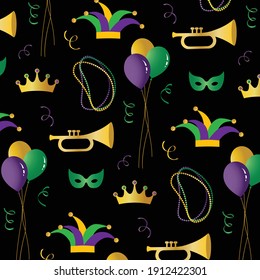 Mardi Gras vector pattern on black background