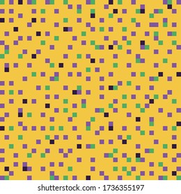 Mardi gras vector pixel seamless pattern. Yellow, green, purple, violet colors. Background for poster, invitation, game. Backdrop texture. Stock vector illustration.