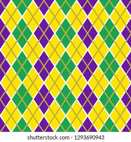 Mardi Gras vector seamless pattern. Green, purple and yellow rhombus. Perfect for wrapping paper or fabric.