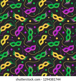 Mardi Gras vector seamless pattern with carnival masks and beads on black background. Perfect for wrapping paper or fabric.  