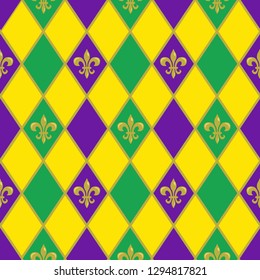 Mardi Gras vector seamless pattern with green, purple, yellow rhombus and fleur-de-lis symbol. Perfect for wrapping paper, fabric or holiday greeting cards.