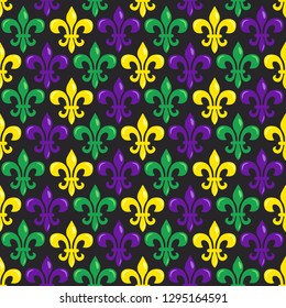 Mardi Gras vector seamless pattern with colorful fleur-de-lis on black background. Perfect for wrapping paper, fabric or greetings cards. 