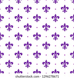 Mardi Gras vector seamless pattern with purple fleur-de-lis. Perfect for wrapping paper, fabric or greetings cards. 