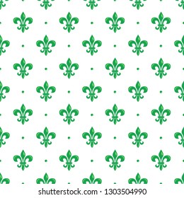 Mardi Gras vector seamless pattern with green fleur-de-lis. Perfect for wrapping paper, fabric or greetings cards.