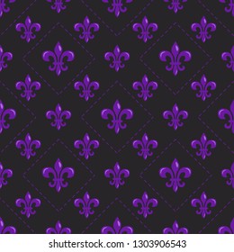 Mardi Gras vector seamless pattern with purple fleur-de-lis and rhombus on black background. Perfect for wrapping paper, fabric or greetings cards.