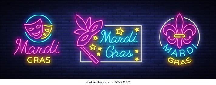 Mardi Gras vector, set of symbols,with holiday greetings, festive card. Fat Tuesday, festive illustration in neon style, luminous banner, neon sign, bright billboard. Design a template for a carnival