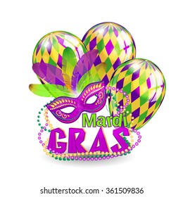 mardi gras vector typographical illustration of ornate chalk words Mardi Gras on the white background with multicolored flying balloons and carnival mask