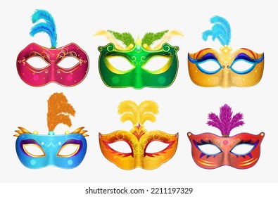 Mardi Gras Venetian handmade carnival masks. Face masks collection for masquerade party. Vector illustration
