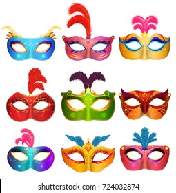 Mardi Gras Venetian handmade carnival masks. Face masks collection for masquerade party. Vector illustration