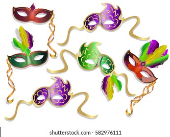 Mardi Gras Venetian painted carnival face masks collection for party decoration or masquerade. Realistic vector illustration.