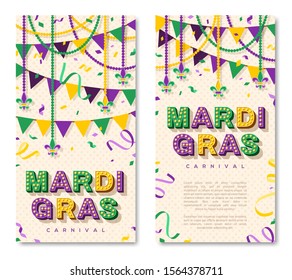 Mardi Gras Vertical Banner With Typography Design. Vector Illustration With Retro Light Bulbs Font, Streamers, Confetti And Hanging Garlands