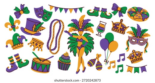 Mardi Gras. Vibrant set of items for carnival party celebration. Collection includes parade dancer, jester hat, beads and crowns in traditional purple, green and gold colors.