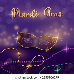 Mardi Gras violet background. Masquerade mask, beads, confetti, gold lettering. Holiday banner for carnival, masquerade ball. Vector illustration for invitation, flyer, party in realistic style