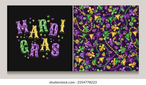 Mardi Gras volumetric headline, caption in vintage style. Iridescent light glossy letters in traditional colors. Seamless Mardi Gras random pattern with holiday trinket, Fleur de Lis sign.