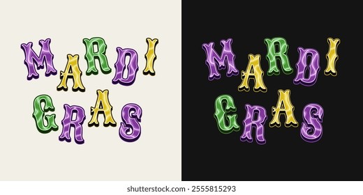 Mardi Gras volumetric headline, caption in vintage style. Iridescent light glowing letters in traditional colors. Design element for holiday design, decoration