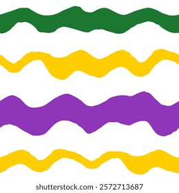 Mardi Gras Wavy Seamless Pattern. Minimalist abstract background with hand drawn colorful curves. Simple geometric texture. Repeat vector illustration